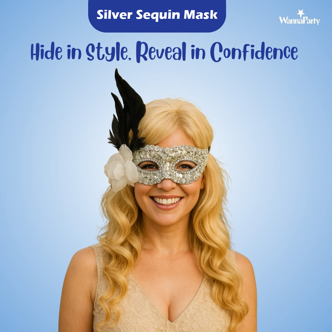 Silver Sequin Eye Mask with White Flower