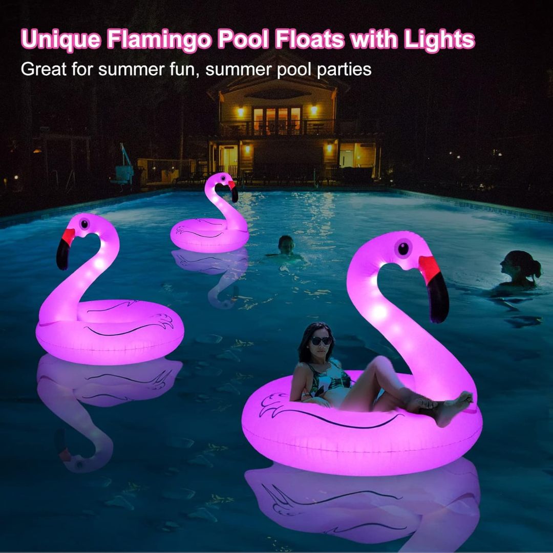 Inflatable Flamingo Pool Ring with Light - 1PC