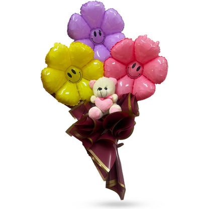 Smiling Flower Foil Balloon Bouquet w/Teddy Bear - 3PC