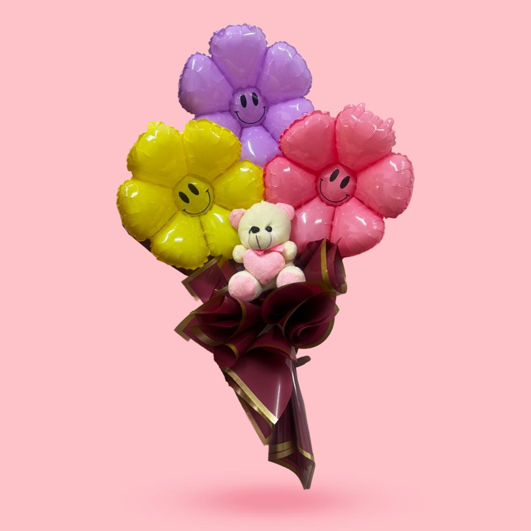 Smiling Flower Foil Balloon Bouquet w/Teddy Bear - 3PC