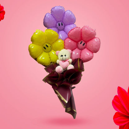 Smiling Flower Foil Balloon Bouquet w/Teddy Bear - 3PC