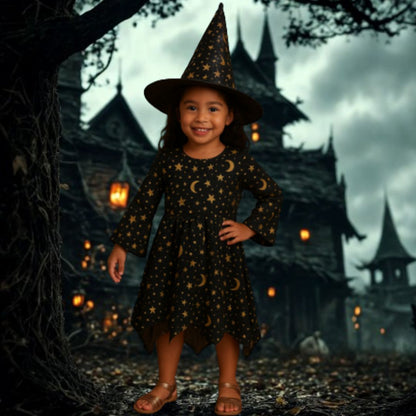 Spooky Witch Black & Golden Costume w/Hat for Kids