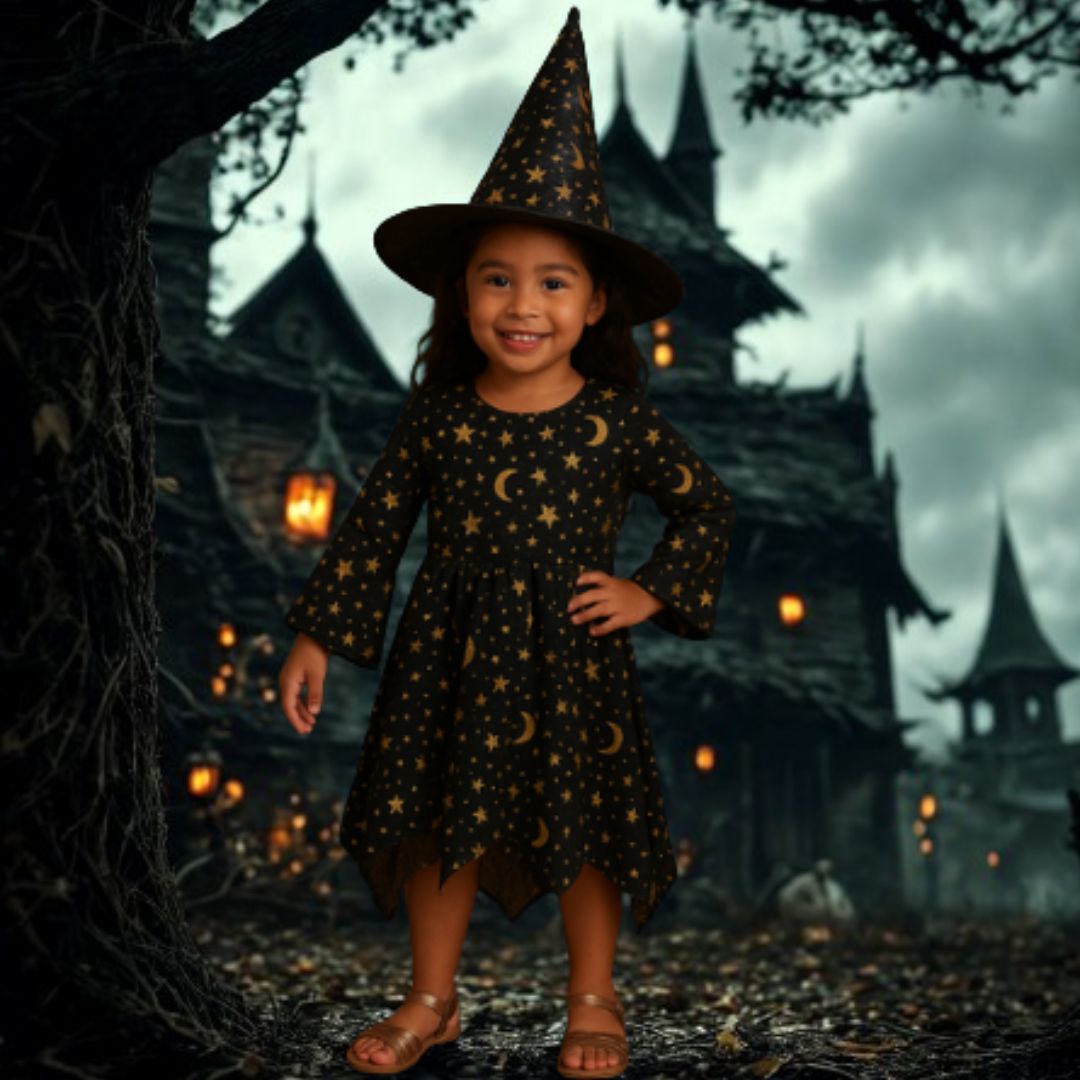 Spooky Witch Black & Golden Costume w/Hat for Kids