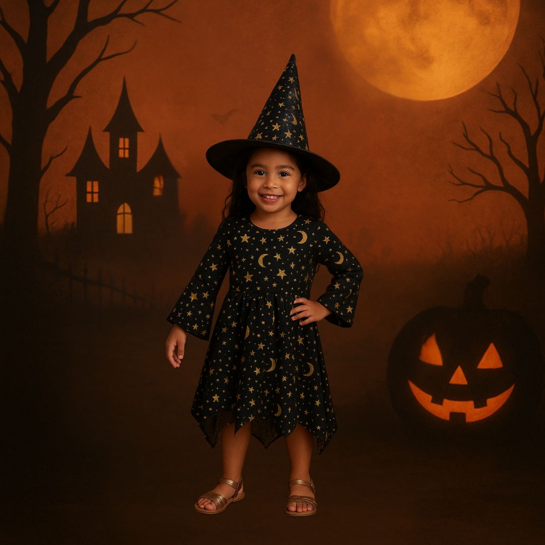 Spooky Witch Black & Golden Costume w/Hat for Kids