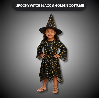 Spooky Witch Black & Golden Costume w/Hat for Kids