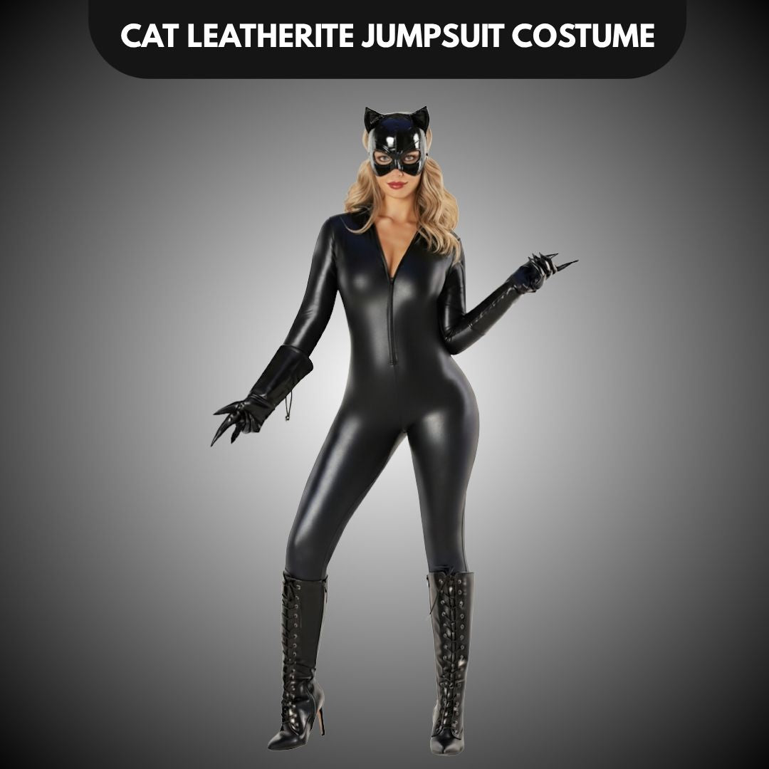 Adult Cat Leatherite Jumpsuit Costume w/Cat Mask