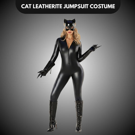 Adult Cat Leatherite Jumpsuit Costume w/Cat Mask