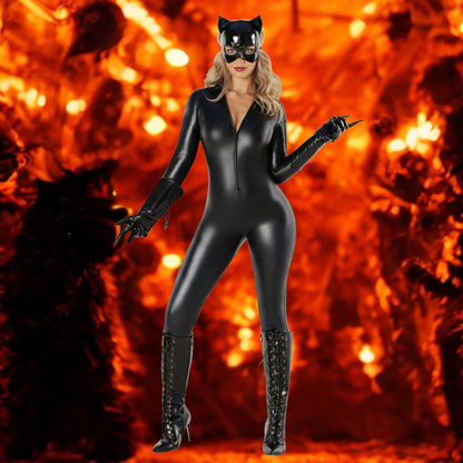 Adult Cat Leatherite Jumpsuit Costume w/Cat Mask