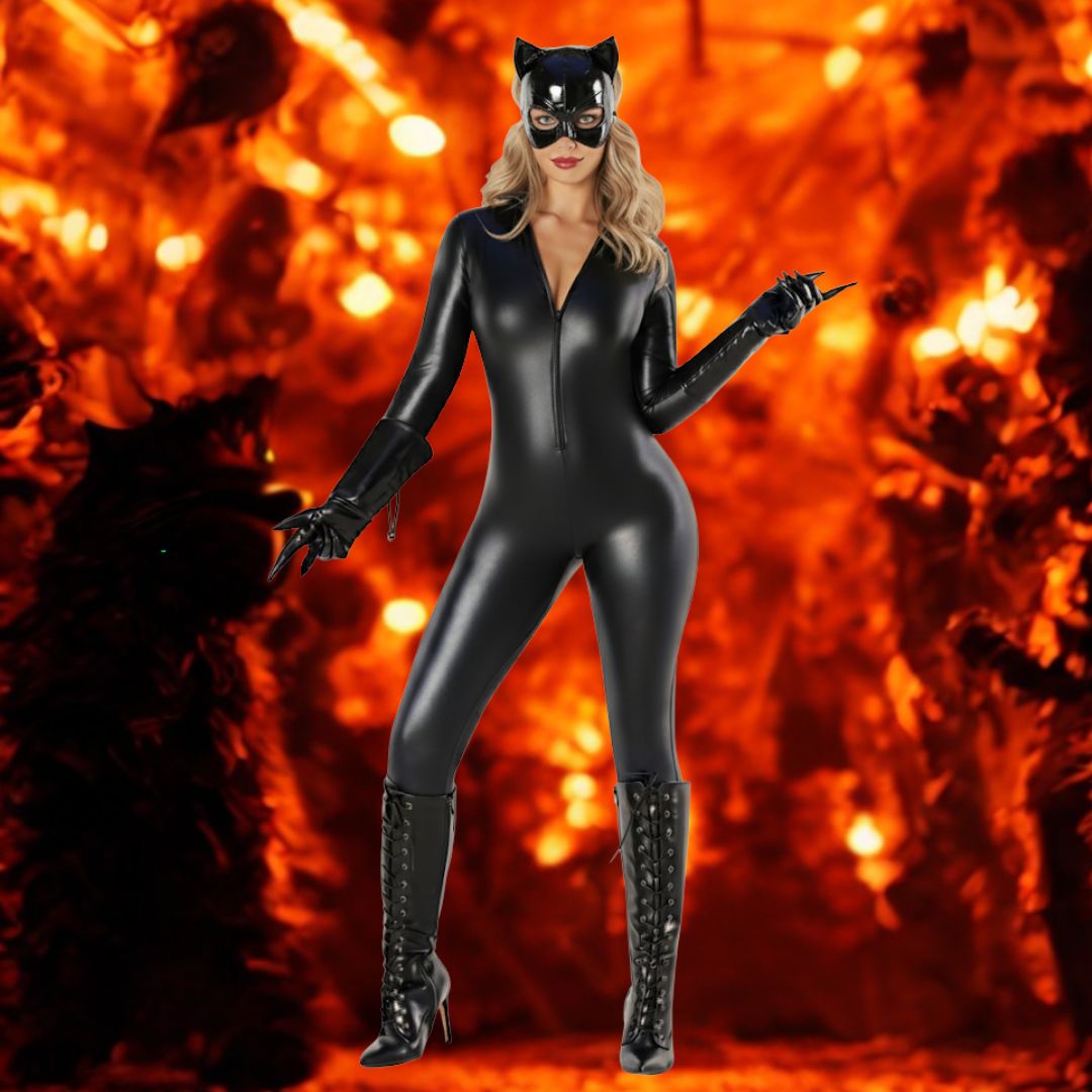 Adult Cat Leatherite Jumpsuit Costume w/Cat Mask