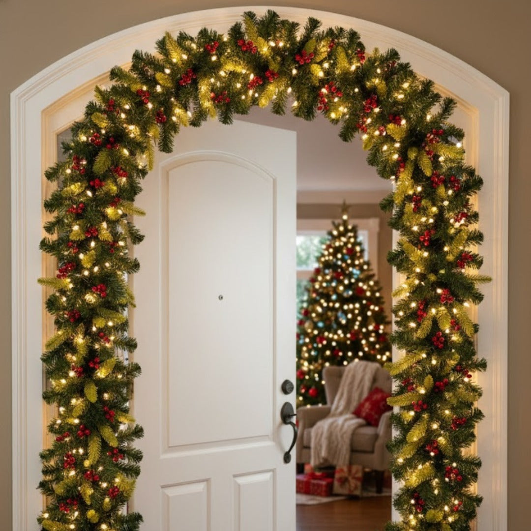 Christmas Thick Garland with Pine and Grass Finish and Cherries - 9FT