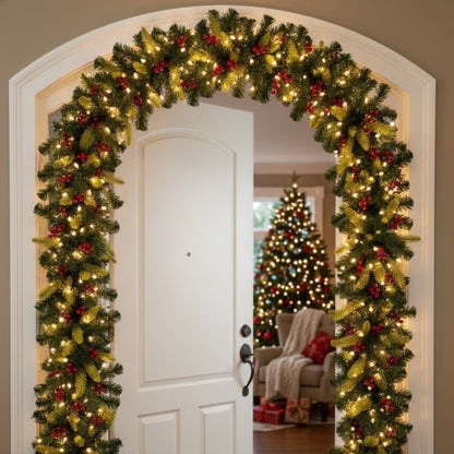 Christmas Thick Garland with Pine and Grass Finish and Cherries - 9FT