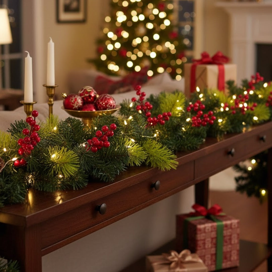 Christmas Thick Garland with Pine and Grass Finish and Cherries - 9FT