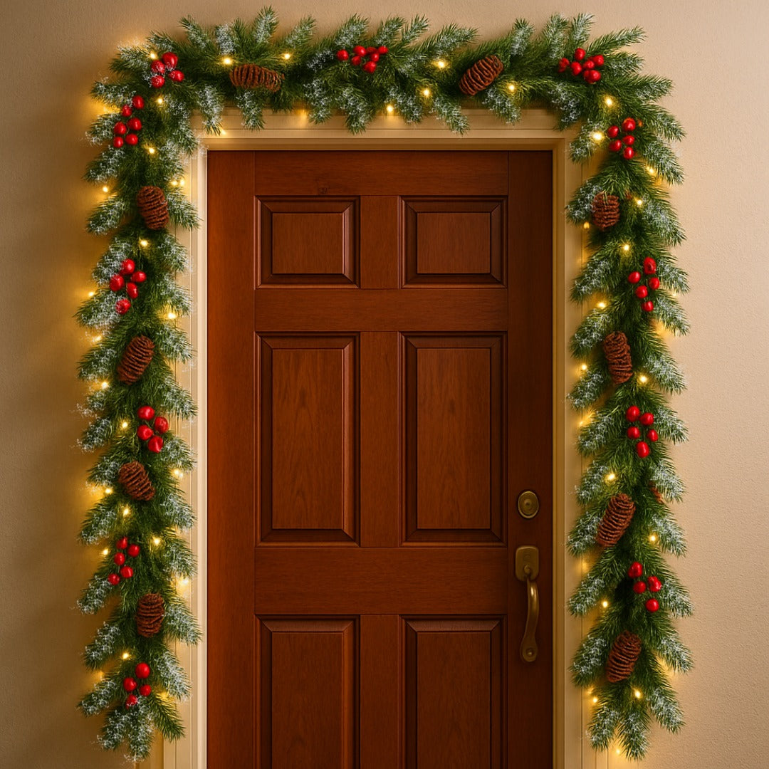 Christmas Thick Garland with Pines and Cherries in European Finish - 9FT