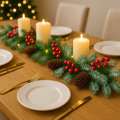 Christmas Thick Garland with Pines and Cherries in European Finish - 9FT