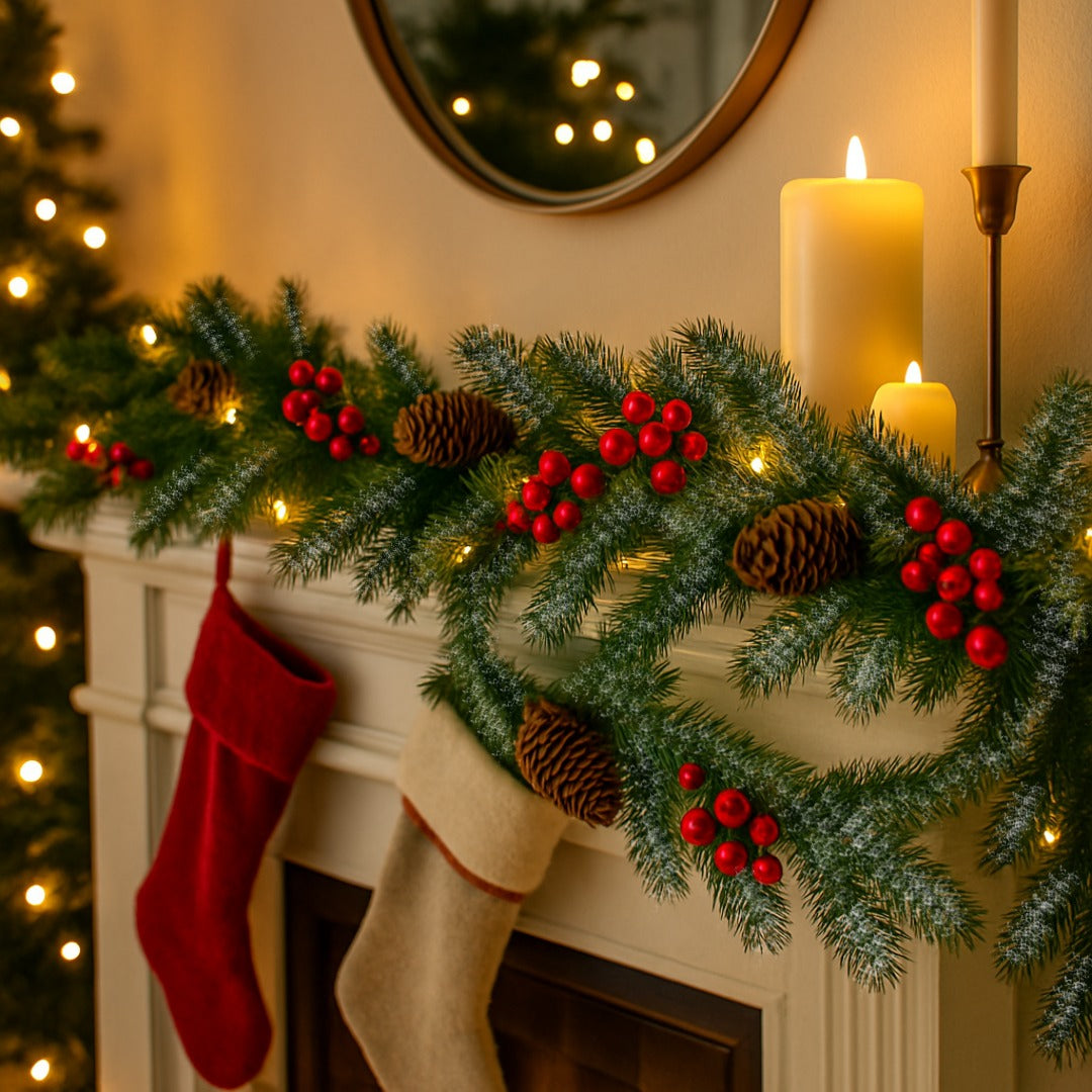 Christmas Thick Garland with Pines and Cherries in European Finish - 9FT