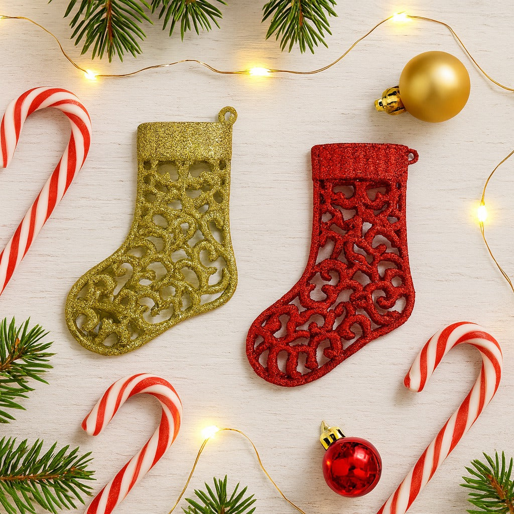 Christmas Tree Ornaments - Santa Stocking Hangings Red &amp; Gold - Set of 2PC