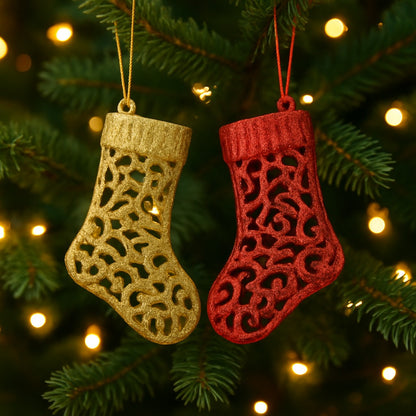 Christmas Tree Ornaments - Santa Stocking Hangings Red &amp; Gold - Set of 2PC