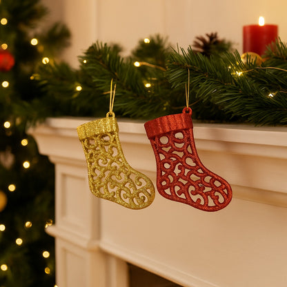 Christmas Tree Ornaments - Santa Stocking Hangings Red &amp; Gold - Set of 2PC