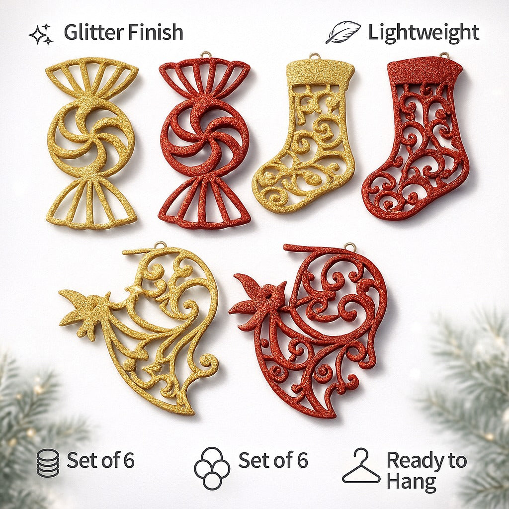 Christmas Stockings, Candy and Trumpet Tree Decoration Kit - Set of 6 PC