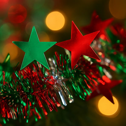Fringe Wired Red & Green 2D Stars Tree Wraps or Garland - 1PC