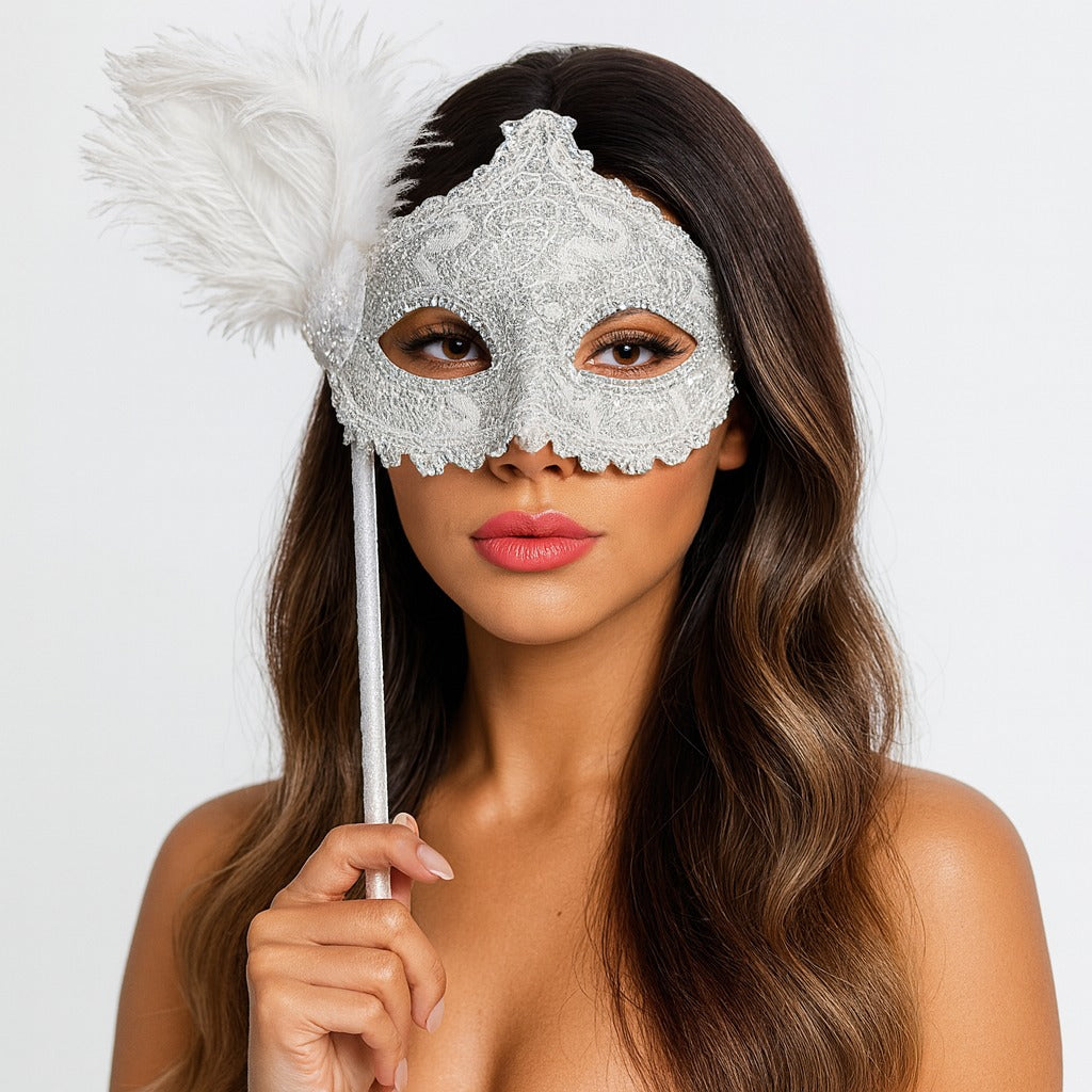 White Mask W/Handheld Stick-1PC