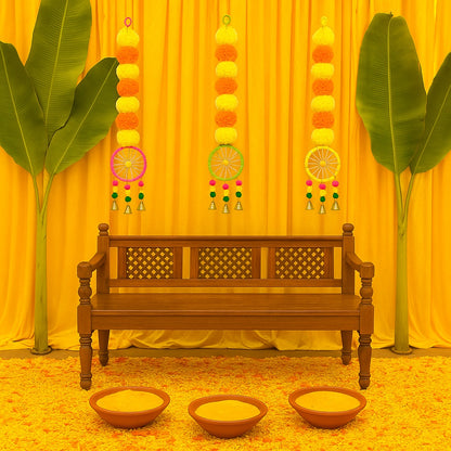 Yellow Orange Marigold Garland Backdrop Decorations with Pom Pom Hangings- Set of 3
