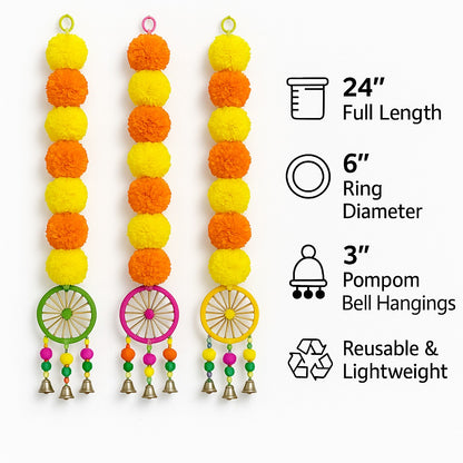 Yellow Orange Marigold Garland Backdrop Decorations with Pom Pom Hangings- Set of 3