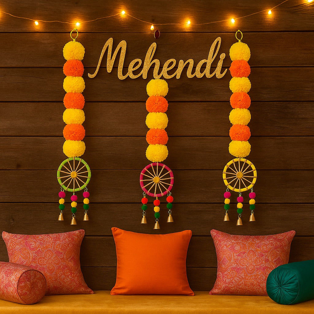 Yellow Orange Marigold Garland Backdrop Decorations with Pom Pom Hangings- Set of 3