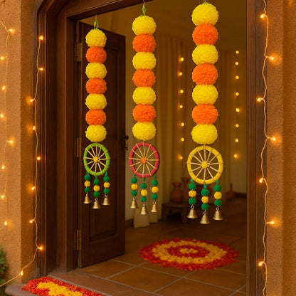 Yellow Orange Marigold Garland Backdrop Decorations with Pom Pom Hangings- Set of 3