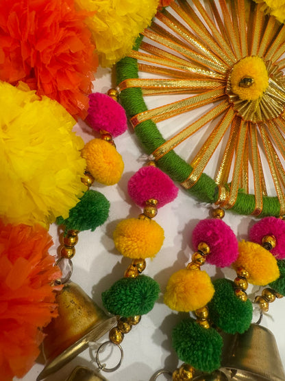 Yellow Orange Marigold Garland Backdrop Decorations with Pom Pom Hangings- Set of 3