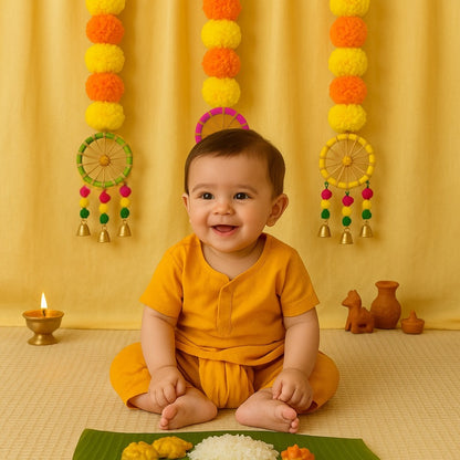 Yellow Orange Marigold Garland Backdrop Decorations with Pom Pom Hangings- Set of 3