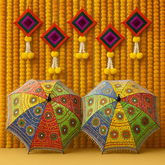 Colorful Kite Hanging Backdrop Decorations with Rajasthani Umbrellas -  Set of 7