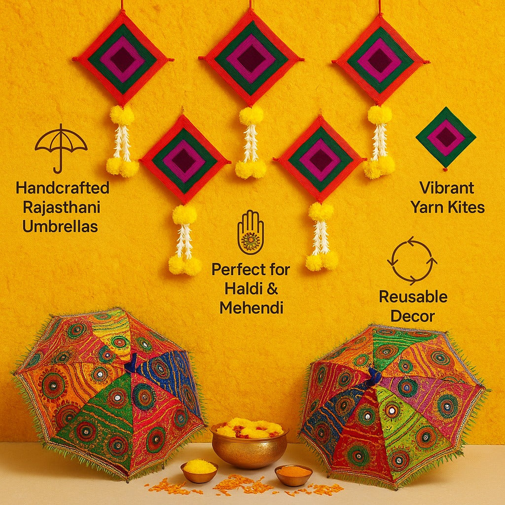 Colorful Kite Hanging Backdrop Decorations with Rajasthani Umbrellas -  Set of 7