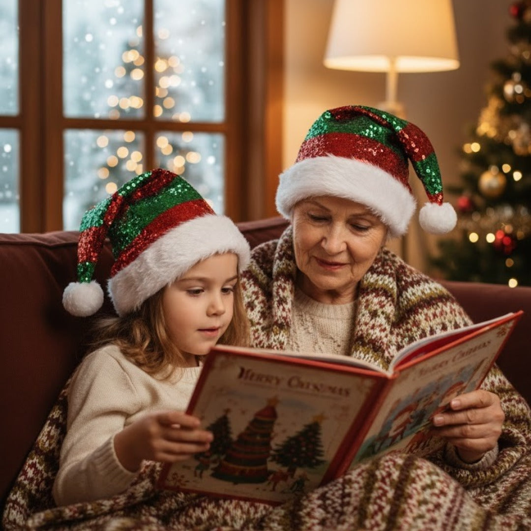Santa Sequin Hat with Plush Puff Ball and Plush White Border