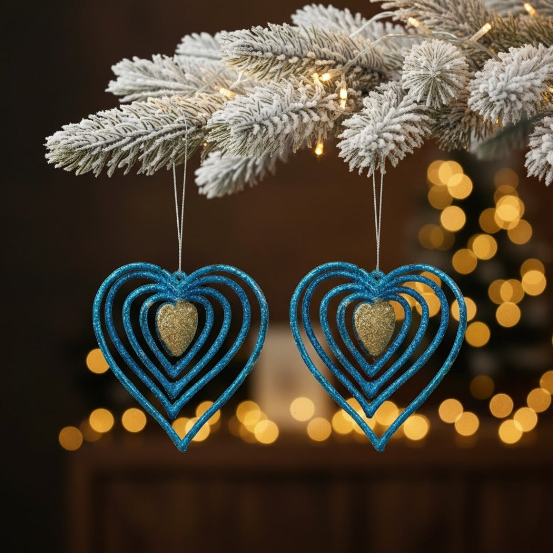 3D Heart Blue & Golden Hangings - 2PC