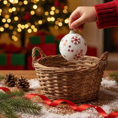 Christmas Glitter White Balls with Red Snowflakes - 6PC