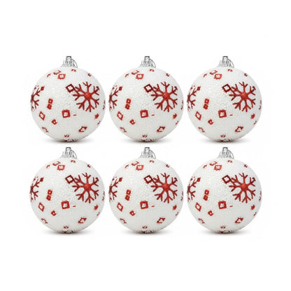 Christmas Glitter White Balls with Red Snowflakes - 6PC