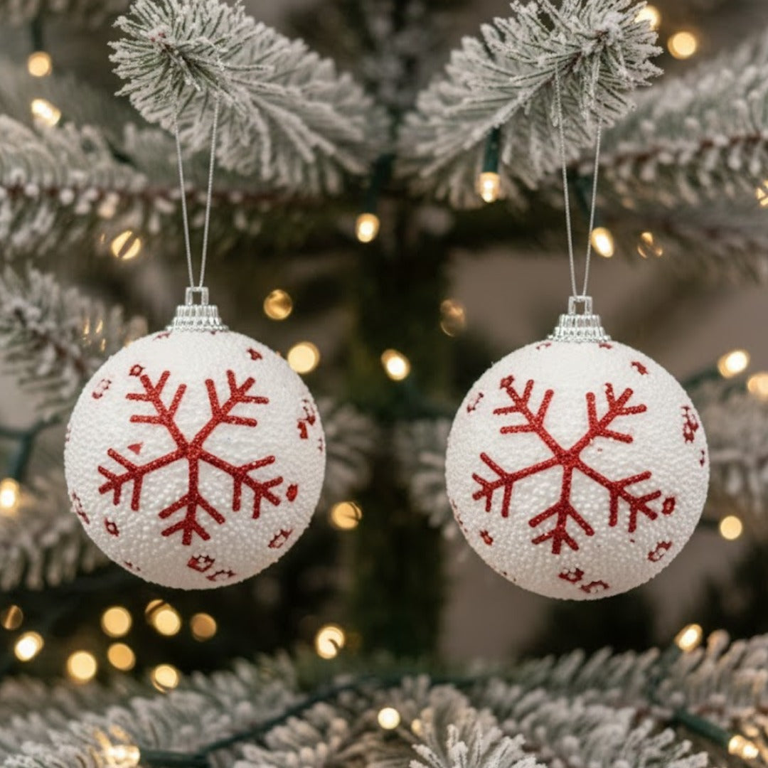 Christmas Glitter White Balls with Red Snowflakes - 6PC