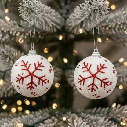 Christmas Glitter White Balls with Red Snowflakes - 6PC