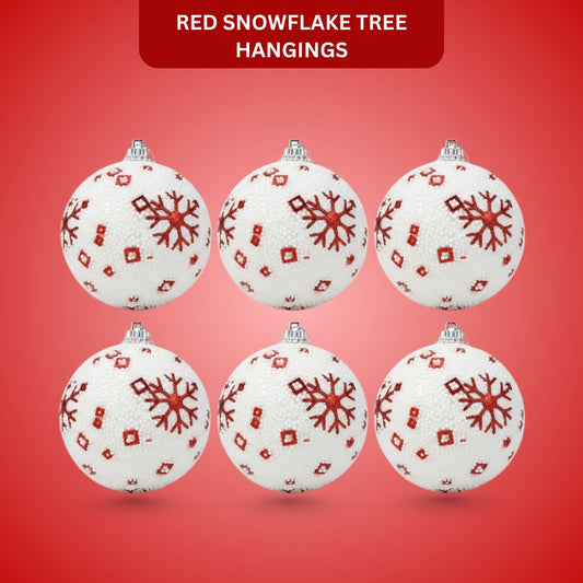 Christmas Glitter White Balls with Red Snowflakes - 6PC