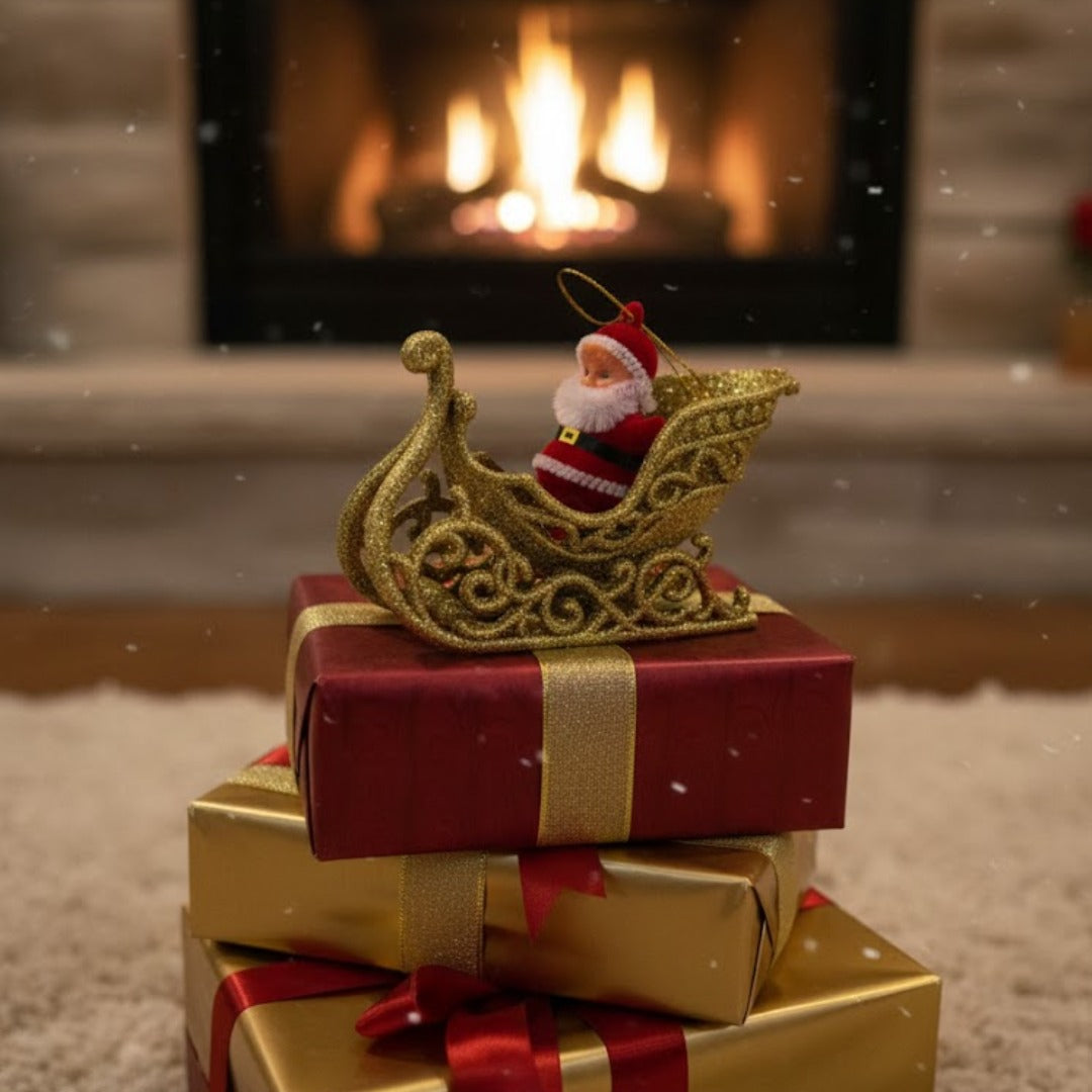 Small Santa on Golden Shimmery Sledge for Christmas Tree Decor - 1PC