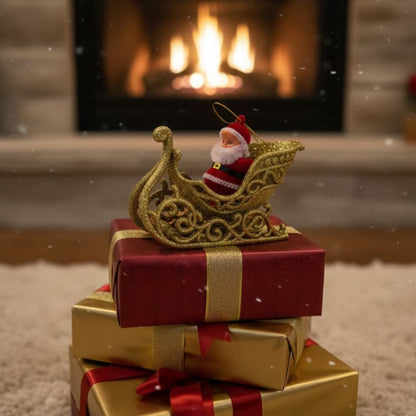 Small Santa on Golden Shimmery Sledge for Christmas Tree Decor - 1PC