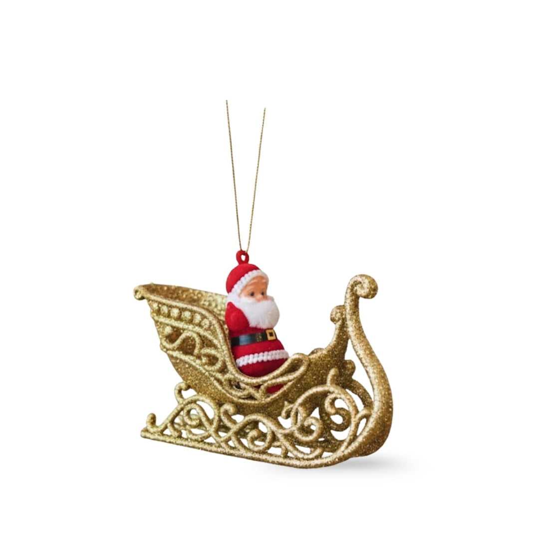 Small Santa on Golden Shimmery Sledge for Christmas Tree Decor - 1PC