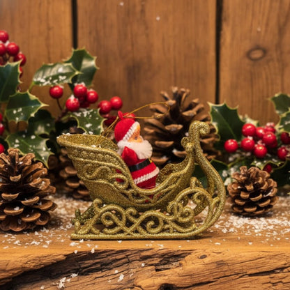 Small Santa on Golden Shimmery Sledge for Christmas Tree Decor - 1PC