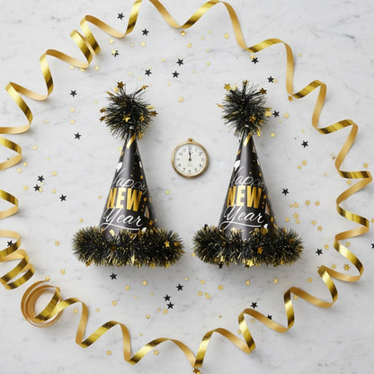 Happy New Year Conical Hat w/Star Swirl Set of 2