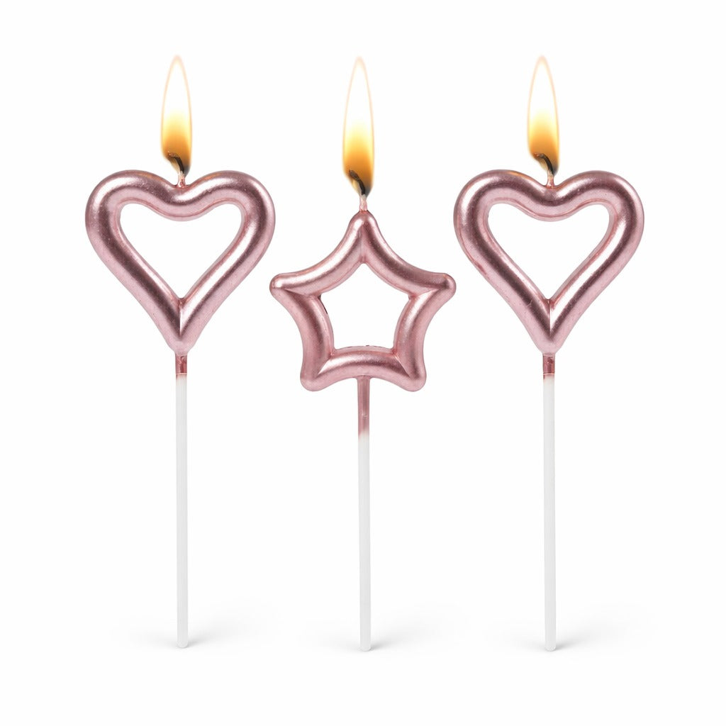 Rose Pink Heart & Star Shaped Stick Candle - 3 PC