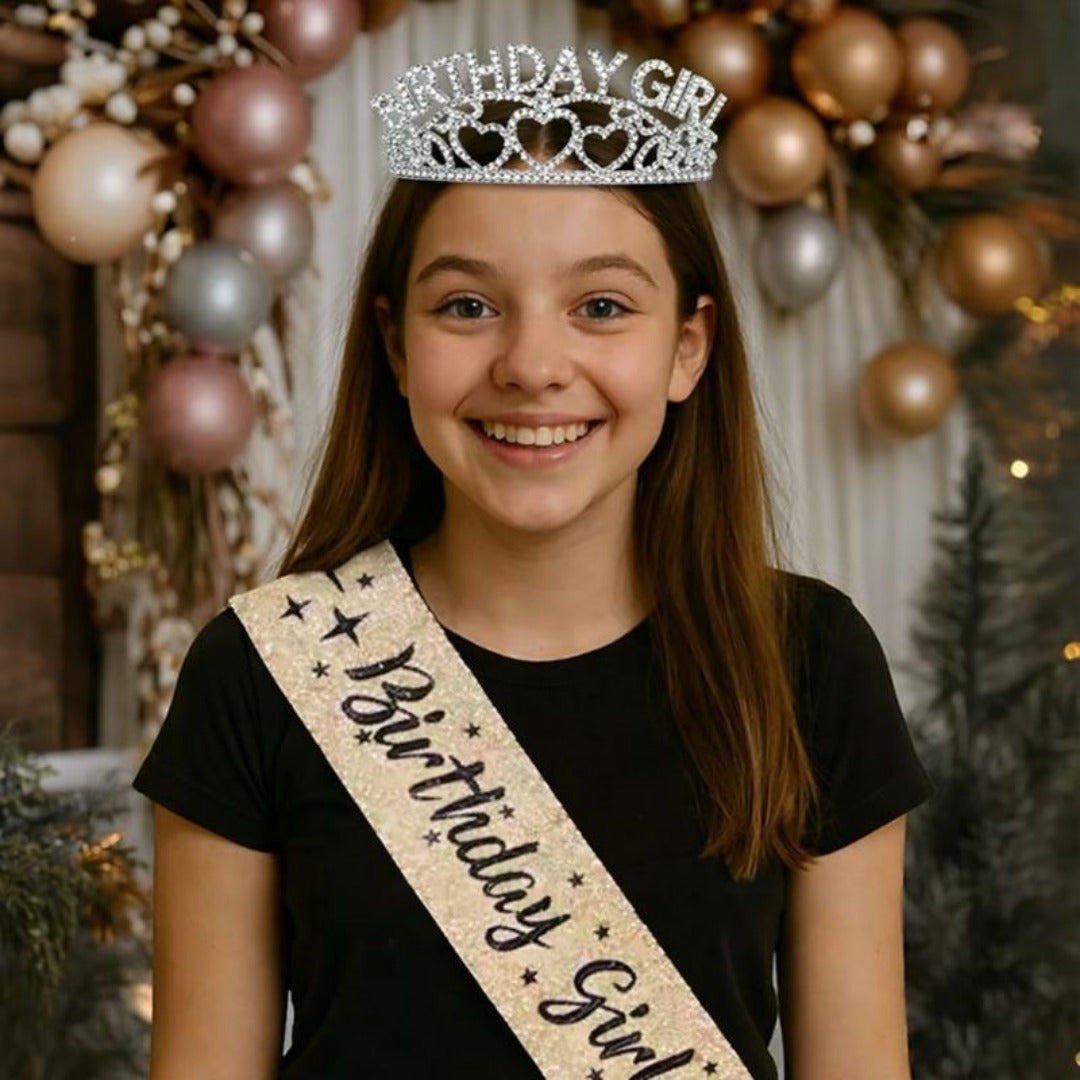 Birthday Girl Sash And Birthday Girl Crown - Pack of 2 Pcs  Silver Birthday Sash for Girls | Birthday Crowns for Girls