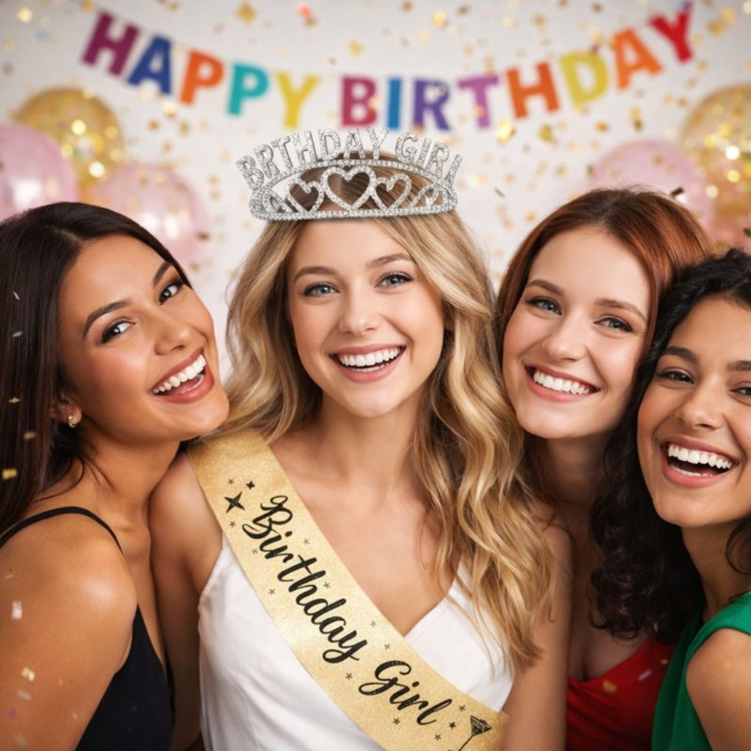 Birthday Girl Sash And Birthday Girl Crown - Pack of 2 Pcs  Silver Birthday Sash for Girls | Birthday Crowns for Girls