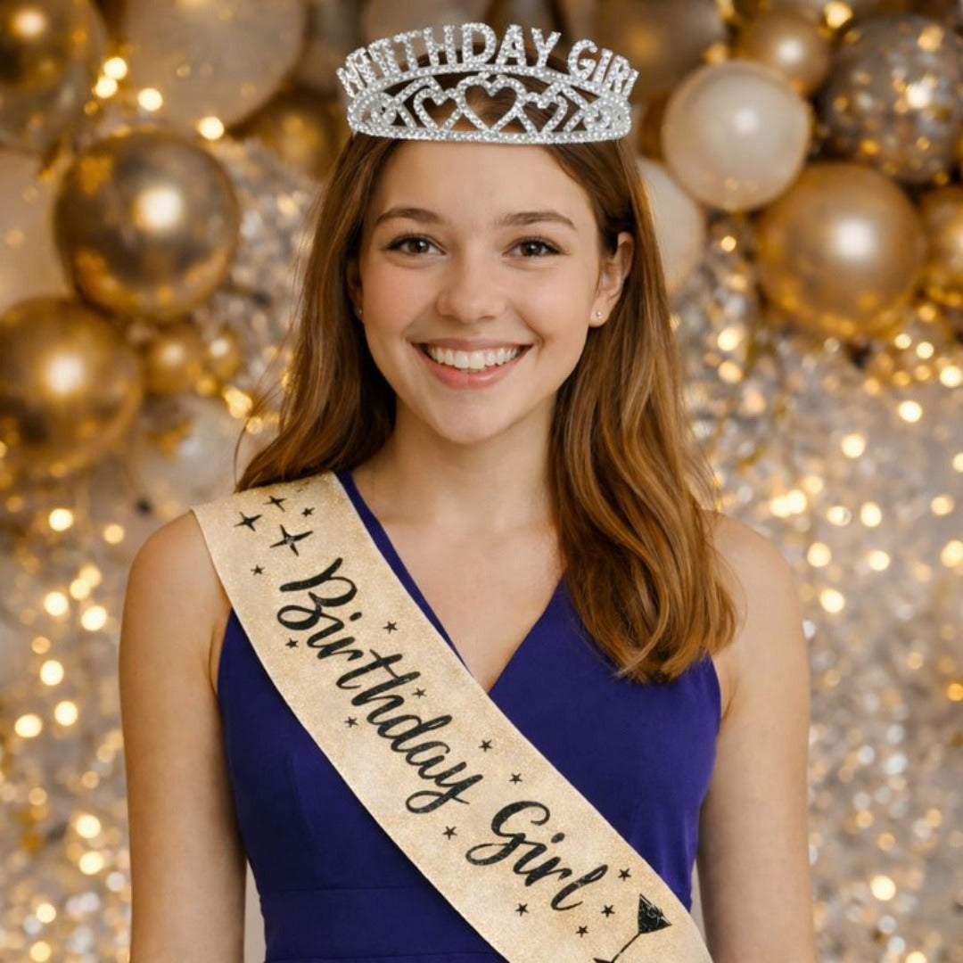 Birthday Girl Sash And Birthday Girl Crown - Pack of 2 Pcs  Silver Birthday Sash for Girls | Birthday Crowns for Girls