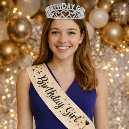 Birthday Girl Sash And Birthday Girl Crown - Pack of 2 Pcs  Silver Birthday Sash for Girls | Birthday Crowns for Girls